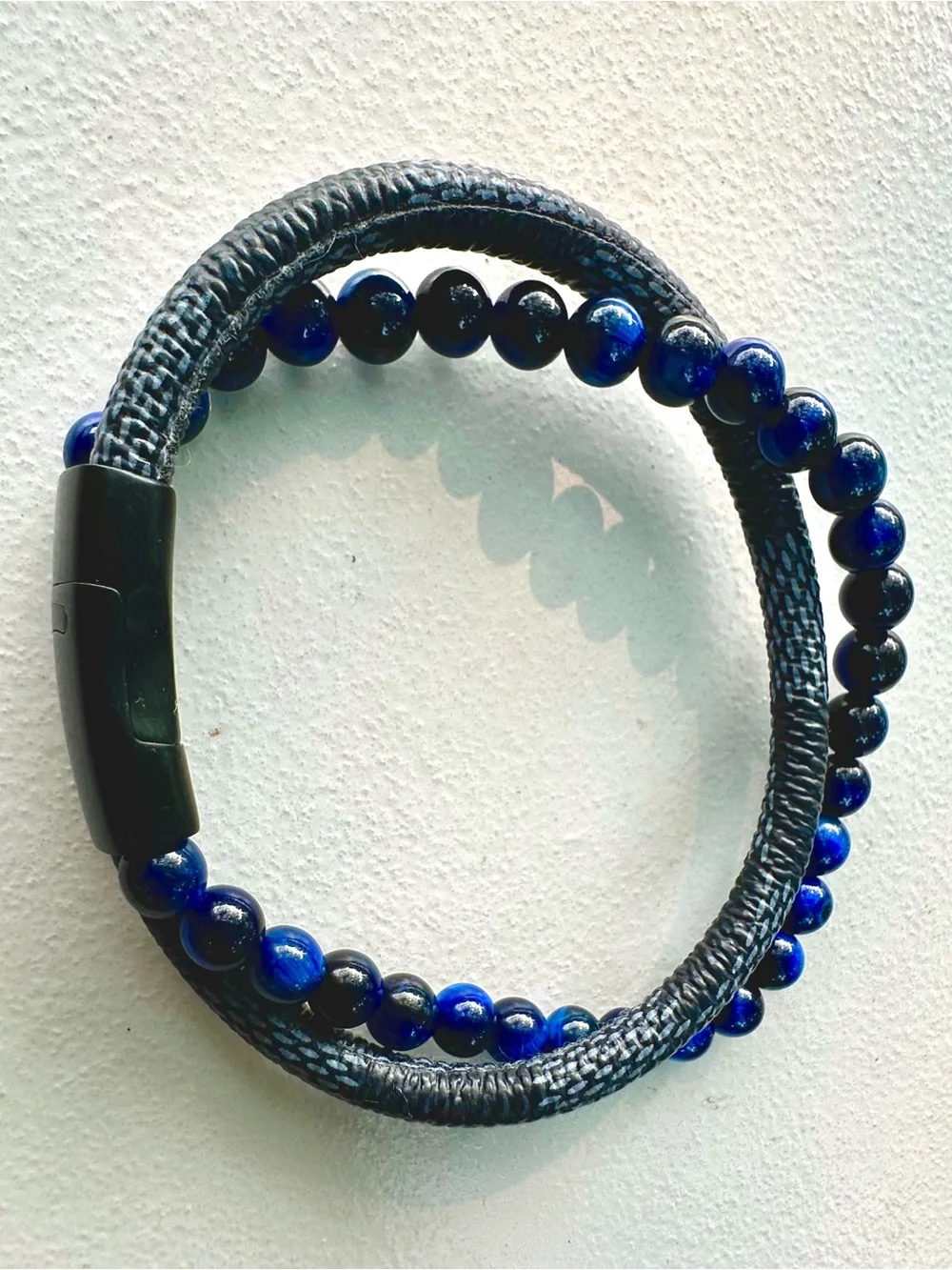 Men's Double Strand Bracelet with Blue Beads and Black Braided Band